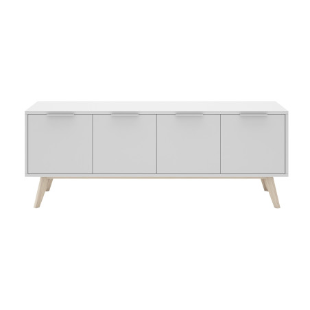 Meuble TV 4 Portes Scandinave MDF et Pin Massif Naturel et Blanc - BLAKEN