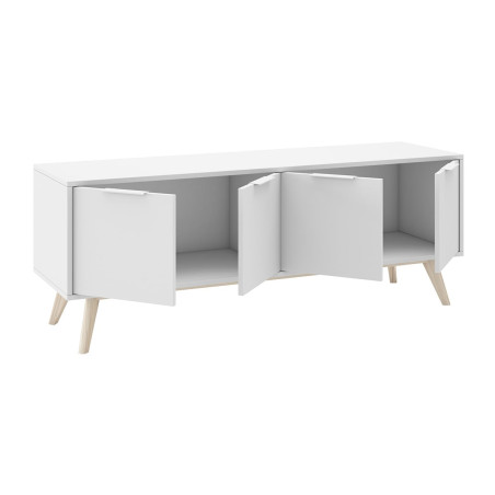Meuble TV 4 Portes Scandinave MDF et Pin Massif Naturel et Blanc - BLAKEN