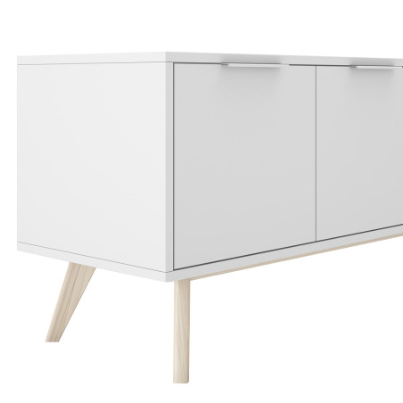 Meuble TV 4 Portes Scandinave MDF et Pin Massif Naturel et Blanc - BLAKEN