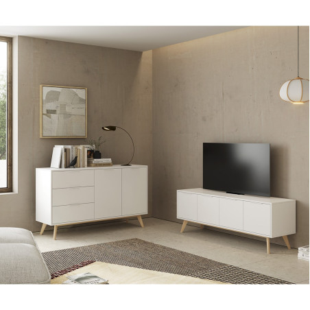 Meuble TV 4 Portes Scandinave MDF et Pin Massif Naturel et Blanc - BLAKEN