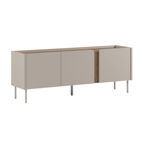 Meuble TV 3 portes 140 cm beige imitation bois, bandeau graphique - LIWENNOR