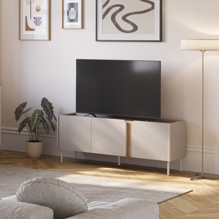 Meuble TV 3 portes 140 cm beige imitation bois, bandeau graphique - LIWENNOR