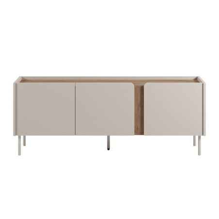 Meuble TV 3 portes 140 cm beige imitation bois, bandeau graphique - LIWENNOR