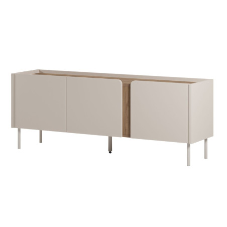 Meuble TV 3 portes 140 cm beige imitation bois, bandeau graphique - LIWENNOR