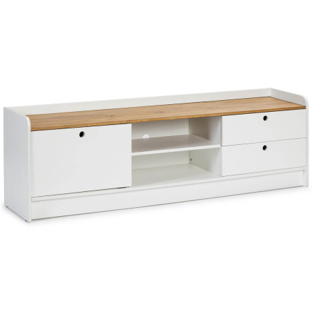 Meuble TV 1 porte coulissante 2 tiroirs bois blanc - CARIOS