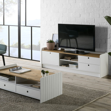 Meuble TV 1 porte coulissante 2 tiroirs bois blanc - CARIOS