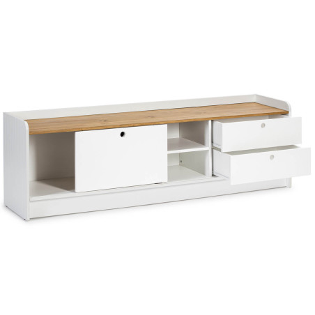 Meuble TV 1 porte coulissante 2 tiroirs bois blanc - CARIOS