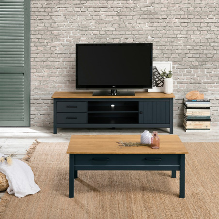 Meuble TV 1 Porte 2 Tiroirs Bois Ciré Bleu Pétrole - TINIO
