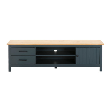 Meuble TV 1 Porte 2 Tiroirs Bois Ciré Bleu Pétrole - TINIO