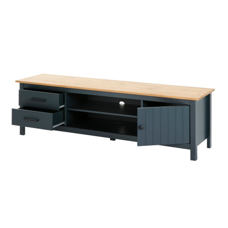 Meuble TV 1 Porte 2 Tiroirs Bois Ciré Bleu Pétrole - TINIO