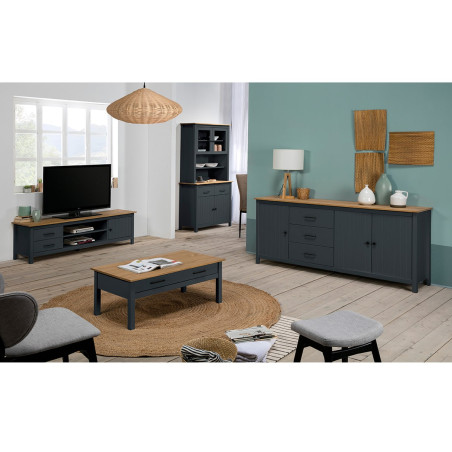 Meuble TV 1 Porte 2 Tiroirs Bois Ciré Bleu Pétrole - TINIO