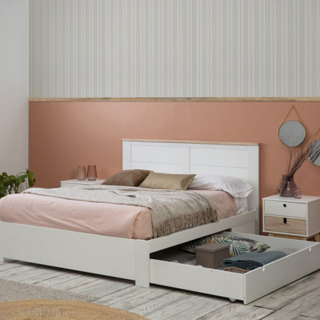 Lit 160x200 cm Avec Tiroir MDF et Pin Blanc Naturel - CELEN