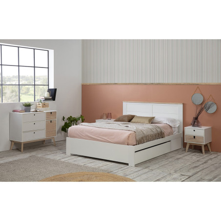 Lit 160x200 cm Avec Tiroir MDF et Pin Blanc Naturel - CELEN