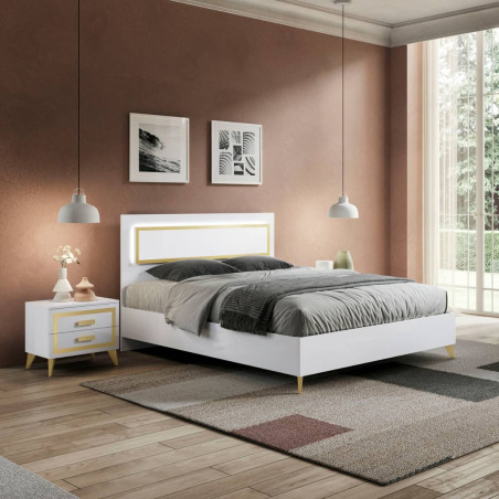 Lit 160x200 cm Laqué Blanc Brillant et Décor Doré avec Leds - ALEON