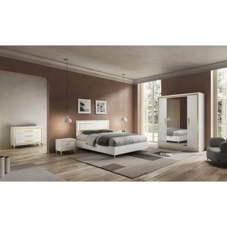 Lit 160x200 cm Laqué Blanc Brillant et Décor Doré avec Leds - ALEON