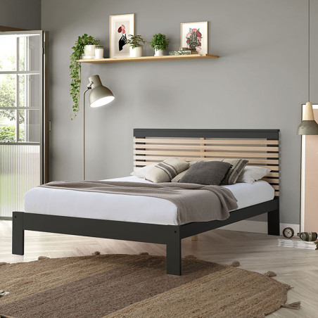 Lit 140x190 cm avec Tête de Lit Gris Anthracite et Naturel - LAUCARIO