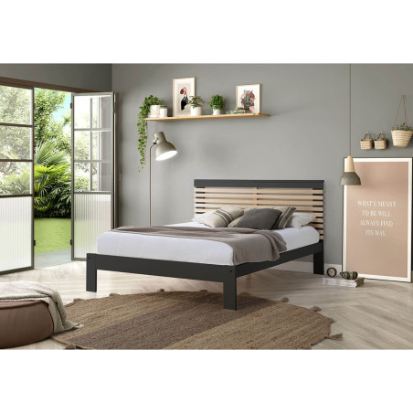 Lit 140x190 cm avec Tête de Lit Gris Anthracite et Naturel - LAUCARIO