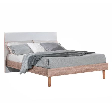 Lit 160x200 cm Tête de Lit Blanche et Cadre Aspect Bois - YAKIMOR