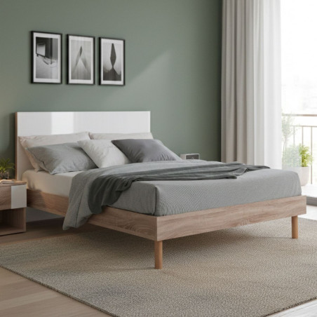 Lit 160x200 cm Tête de Lit Blanche et Cadre Aspect Bois - YAKIMOR