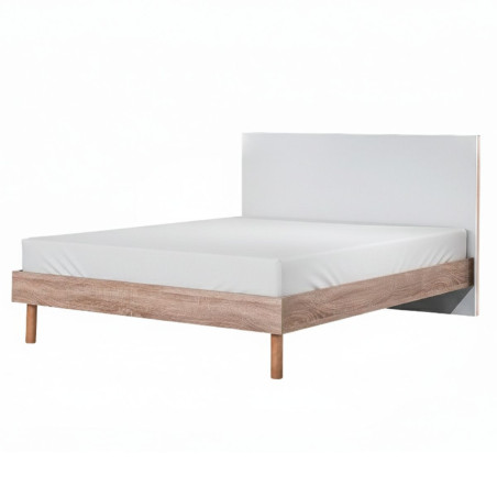 Lit 160x200 cm Tête de Lit Blanche et Cadre Aspect Bois - YAKIMOR