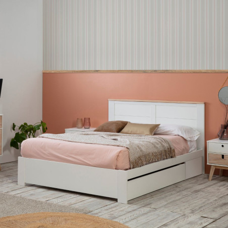 Lit 140x190 cm Avec Tiroir en MDF et Pin Blanc et Naturel - CELEN