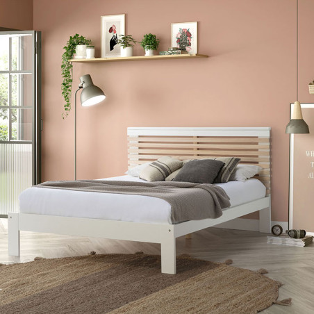 Lit 140x190 cm avec Tête de Lit Blanc et Naturel - LAUCARIO