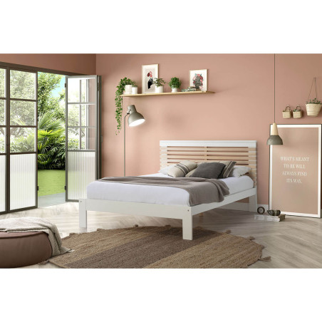 Lit 140x190 cm avec Tête de Lit Blanc et Naturel - LAUCARIO