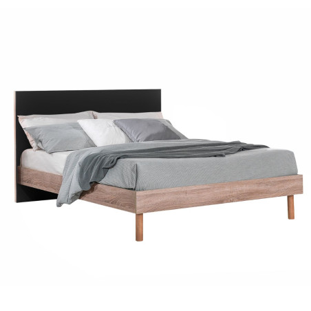 Lit 160x200 cm Tête de Lit Noire et Cadre Aspect Bois - YAKIMOR