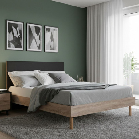 Lit 160x200 cm Tête de Lit Noire et Cadre Aspect Bois - YAKIMOR