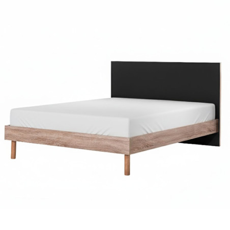 Lit 160x200 cm Tête de Lit Noire et Cadre Aspect Bois - YAKIMOR