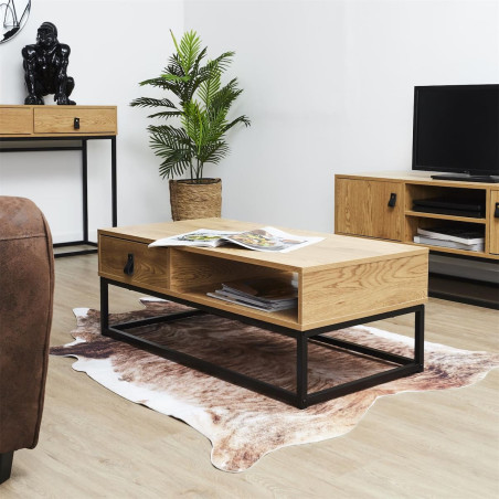 Table basse 1 tiroir aspect bois et pieds métal - ARION