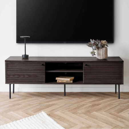 Meuble TV 2 Niches 2 Portes Effet Tasseaux Teinté Chêne Foncé - LOWIA