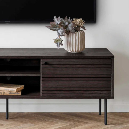 Meuble TV 2 Niches 2 Portes Effet Tasseaux Teinté Chêne Foncé - LOWIA