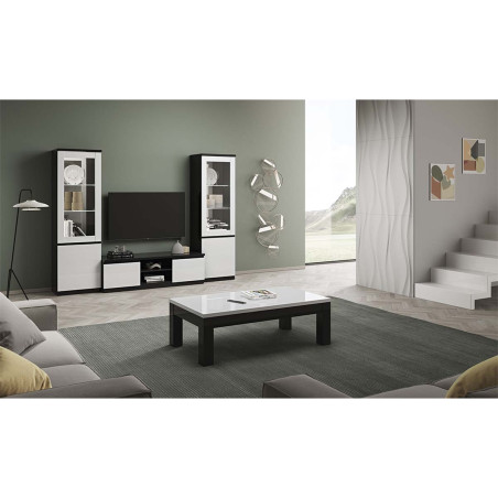 Meuble TV 2 portes laqué noir et blanc brillant - DEYTA