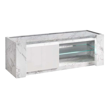 Meuble TV 1 Porte 150cm Laqué Blanc Effet Marbre avec Leds - BELANA