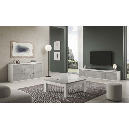 Meuble TV 4 Portes Laqué Blanc et Gris Marbré - DEYTA