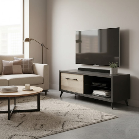 Meuble TV 1 Tiroir 2 Niches Aspect Bois et Béton - ELVAN