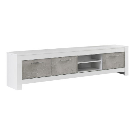 Meuble TV 3 portes L207 cm laqué blanc brillant et gris marbré - DENEA