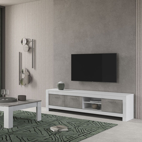 Meuble TV 3 portes L207 cm laqué blanc brillant et gris marbré - DENEA
