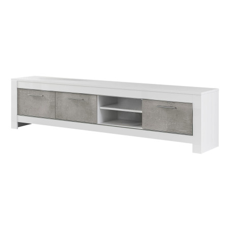 Meuble TV 3 portes L207 cm laqué blanc brillant et gris marbré - DENEA