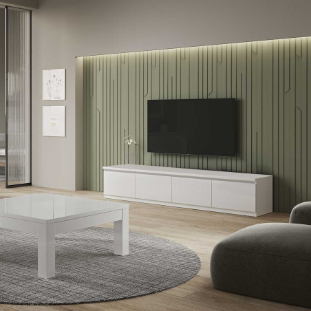 Meuble TV 4 portes laqué blanc brillant - DEYTA