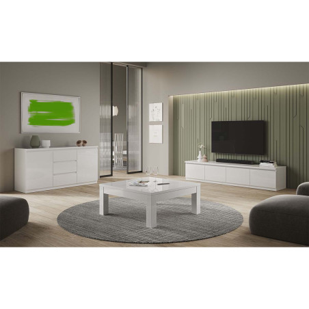 Meuble TV 4 portes laqué blanc brillant - DEYTA