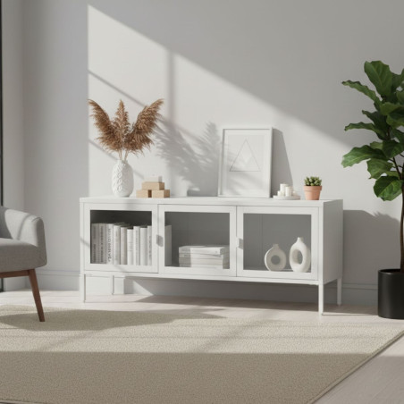 Meuble TV 3 portes verre et acier blanc - HENIO