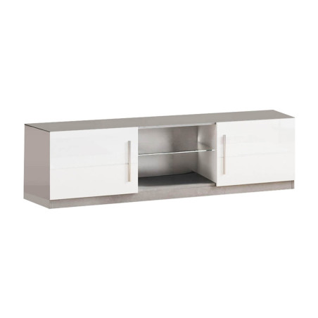 Meuble TV 2 Portes Moderne Laqué Blanc et Marbre avec Leds - ALANA