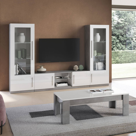 Meuble TV 2 Portes Moderne Laqué Blanc et Marbre avec Leds - ALANA