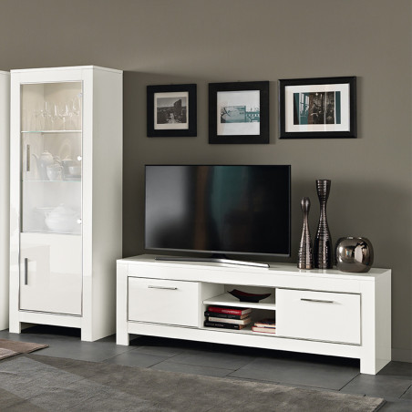 Meuble TV 2 Portes L160cm Laqué Blanc Brillant - DENEA