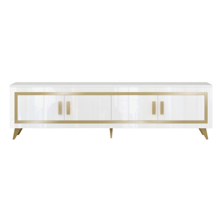 Meuble TV 4 Portes Blanc Laqué et Décor Doré - ALEON