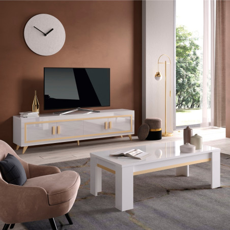 Meuble TV 4 Portes Blanc Laqué et Décor Doré - ALEON