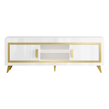 Meuble TV 2 Portes Laqué Blanc Décor Doré avec Leds - ALEON