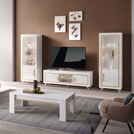 Meuble TV 2 Portes Laqué Blanc Décor Doré avec Leds - ALEON